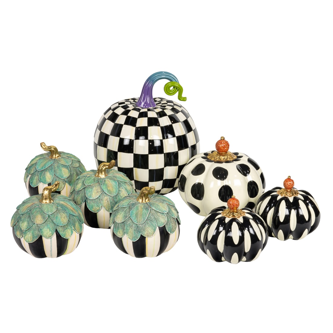 A group of eight MacKenzie-Childs pumpkins: A group of eight MacKenzie-Childs pumpkins, each with factory label, between 5? and 12?h. Provenance: The Estate of Eddi Van Auken, Danville, California