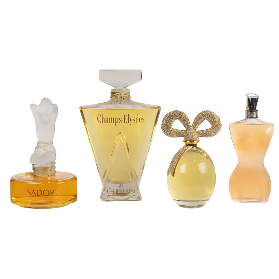 Four factice or dummy perfume bottles: Four factice or dummy perfume bottles, comprising 'Champs-Elysees' by Guerlain, 15"h; 'White Diamonds by Elizabeth Taylor', 10.75"h; 'Classique' by Jean Paul Gaultier, 12.5"h and Isadora, 12"h. Proven