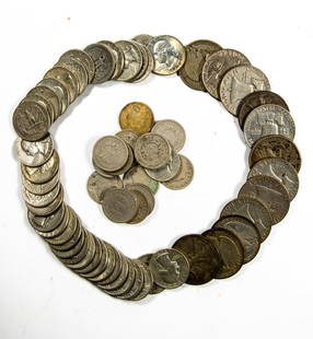 A lot of US silver coins: A lot of US silver coins, including (75) half dollars: (6) Franklin, (22) Liberty; (44) Standing Liberty half dollars; (72) mostly Washington quarters, some earlier; (91) mostly Roosevelt dimes; (51)