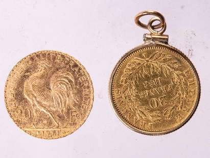 Two French 20 Francs gold coins: Two French 20 Francs gold coins, one dated 1858 in bezel, the other dated 1911