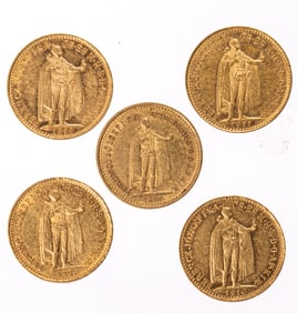 Five Hungarian 10 Korona gold coins