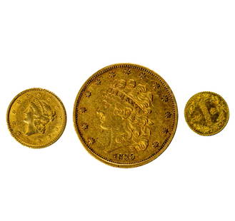 A lot of United States gold coins: A lot of United States gold coins, comprising 1835 five dollar, 1851 California one dollar, and an 1880 California quarter dollar