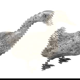 A German 800 standard silver duck: A German 800 standard silver duck, Wilhelm Weinranck, Hanau, the bird realistically cast and chased, 5.5"h, 12.4 troy oz.