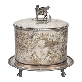 An English silver plated biscuit barrel in the Assurian Revival taste, Hukin & Heath, late 19th