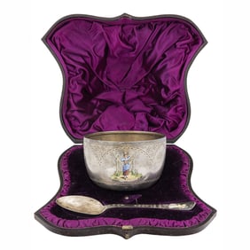 An English enamel decorated sterling silver bowl and spoon in original fitted case
