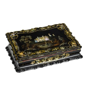 A Victorian abalone inlaid papier mache lap desk with view of Warwick Castle