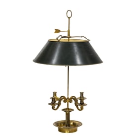A large Louis XVI style brass four-light bouillotte lamp with tole shade
