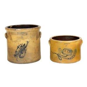 Two American cobalt decorated stoneware crocks