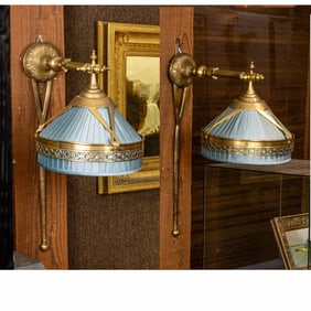 A large pair of Jacques Garcia bronze and blue pleated silk 'Mathilde' wall lights/sconces