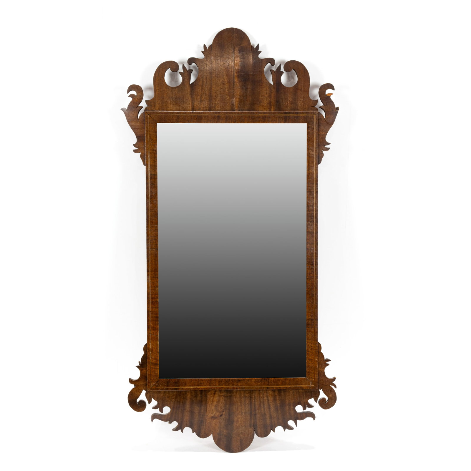 A Federal line inlaid mahogany mirror: A Federal line inlaid mahogany mirror, labeled Jos. & Jno. Vecchio, New York, early 19th century, 40"h x 19.5"w. Provenance: Bonhams & Butterfields, San Francisco, April 2007. Note: This mirror is ill