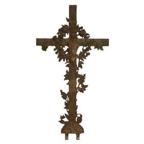 A French cast iron field cross centering figure of the Virgin Mary