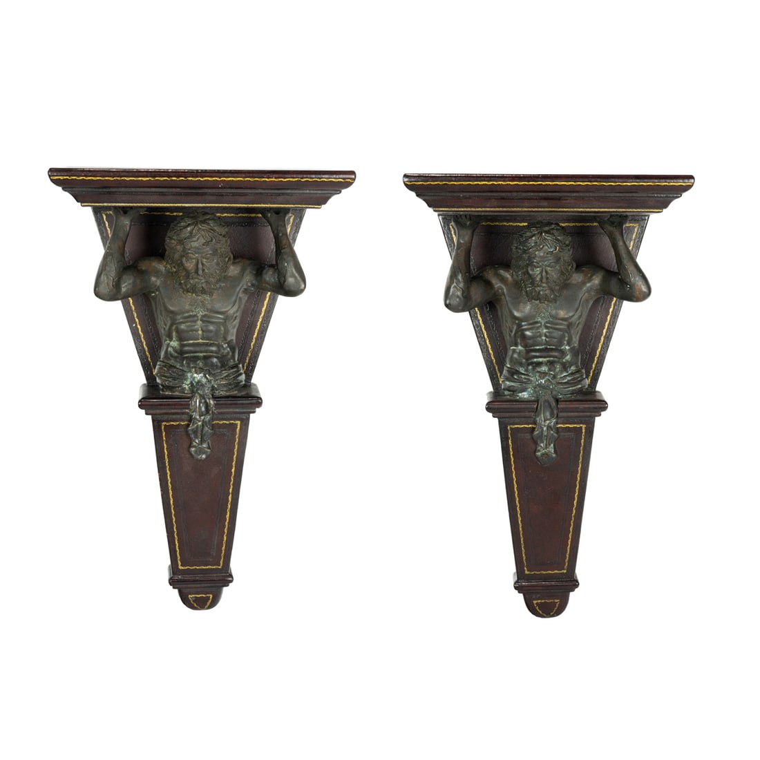 A pair of Maitland-Smith patinated bronze and tooled leather wrapped figural wall brackets (1 of 3)