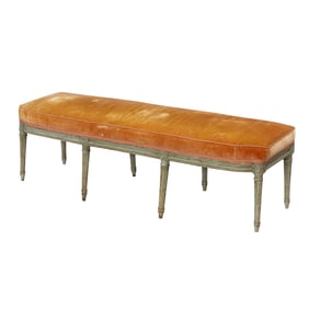 A Louis XVI paint decorated upholstered bench, early 19th century