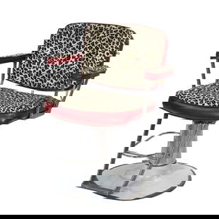 A Modern adjustable barber chair with leopard upholstered seat: A Modern adjustable barber chair with leopard upholstered seat, greatest 44"h x 27"w