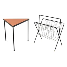 A Frederick Weinberg red formica triangular table, circa 1960