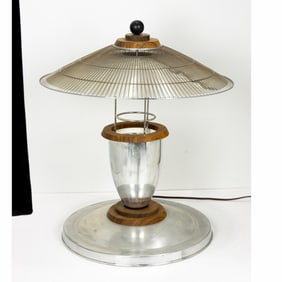 A large Industrial Age chromed metal and teak table lamp