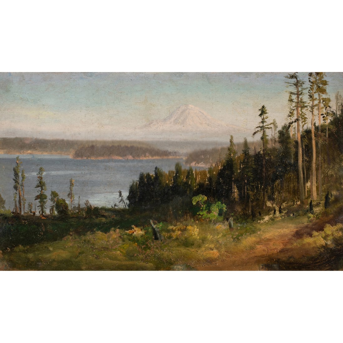 Painting, William Keith: William Keith (American, 1838-1911), "Washington, Mount Tacoma," oil on canvas laid down on board, unsigned, board: 9.5"h x 17"w, overall (with frame): 16"h x 23.25"w. Provenance: Coeur D'Alene Auctio