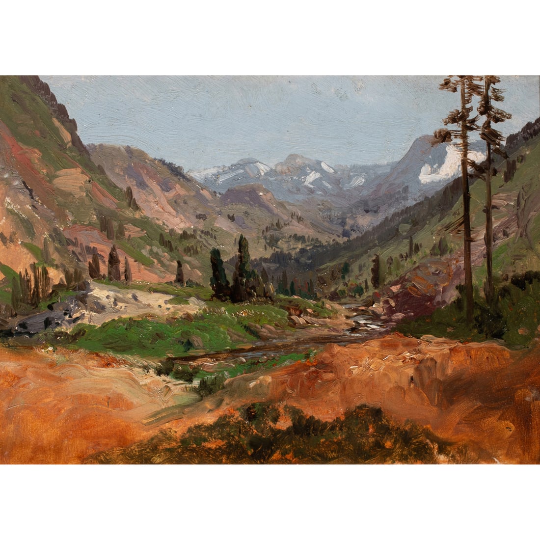 Painting, William Keith: William Keith (American, 1838-1911), "Sierra Sketch, Tahoe Region," oil on board, unsigned, titled and inscribed verso, board: 7"h x 10"w, overall (with frame): 13"h x 16"w. Provenance: Coeur D'Alene