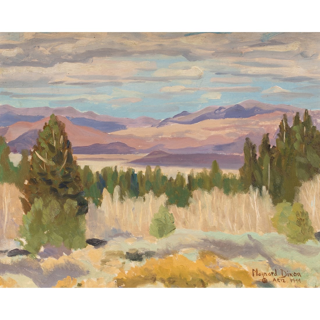 Painting, Maynard Dixon: Maynard Dixon (American, 1875-1946), "Arizona Landscape," 1944, oil on board, signed and dated lower right, title label affixed verso, board: 10.5"h x 13"w, overall (with frame): 16.25"h x 19"w