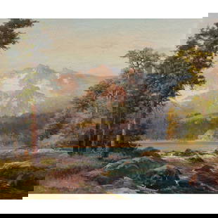 Painting, Robert William Wood: Robert William Wood (American, 1889-1979), "Mt. Olympus, Olympic Range, Washington," 1941, oil on canvas, signed and dated lower left, titled verso, canvas: 25"h x 30"w, overall (with frame): 30.5"h x