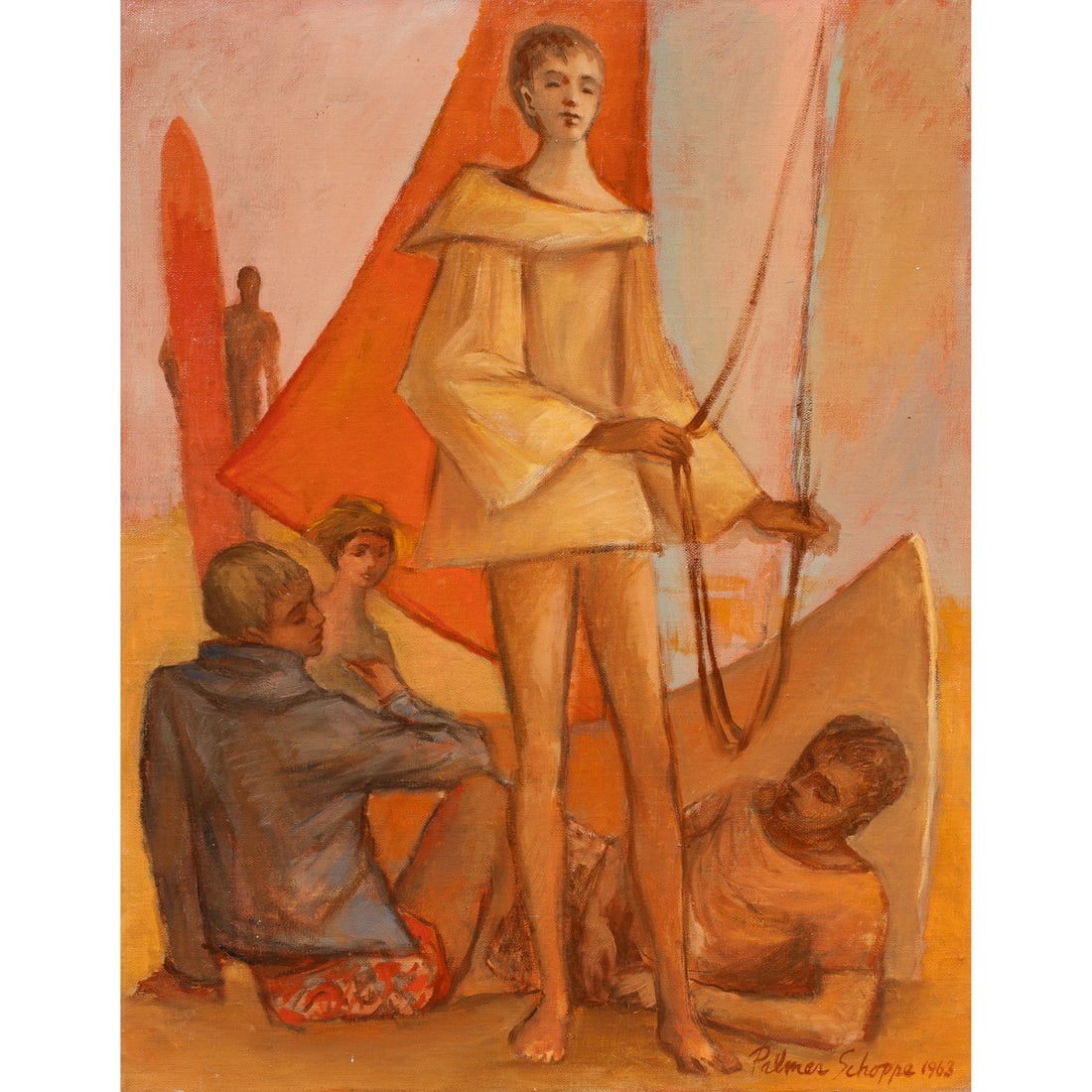 Painting, Palmer Schoppe: Palmer Schoppe (American, 1912-2001), "The Red Sail," 1963, oil on canvas, signed and dated lower right, signed, titled, and dated verso, canvas: 20"h x 16"w, overall (with frame): 21.25"h x 17.25"w