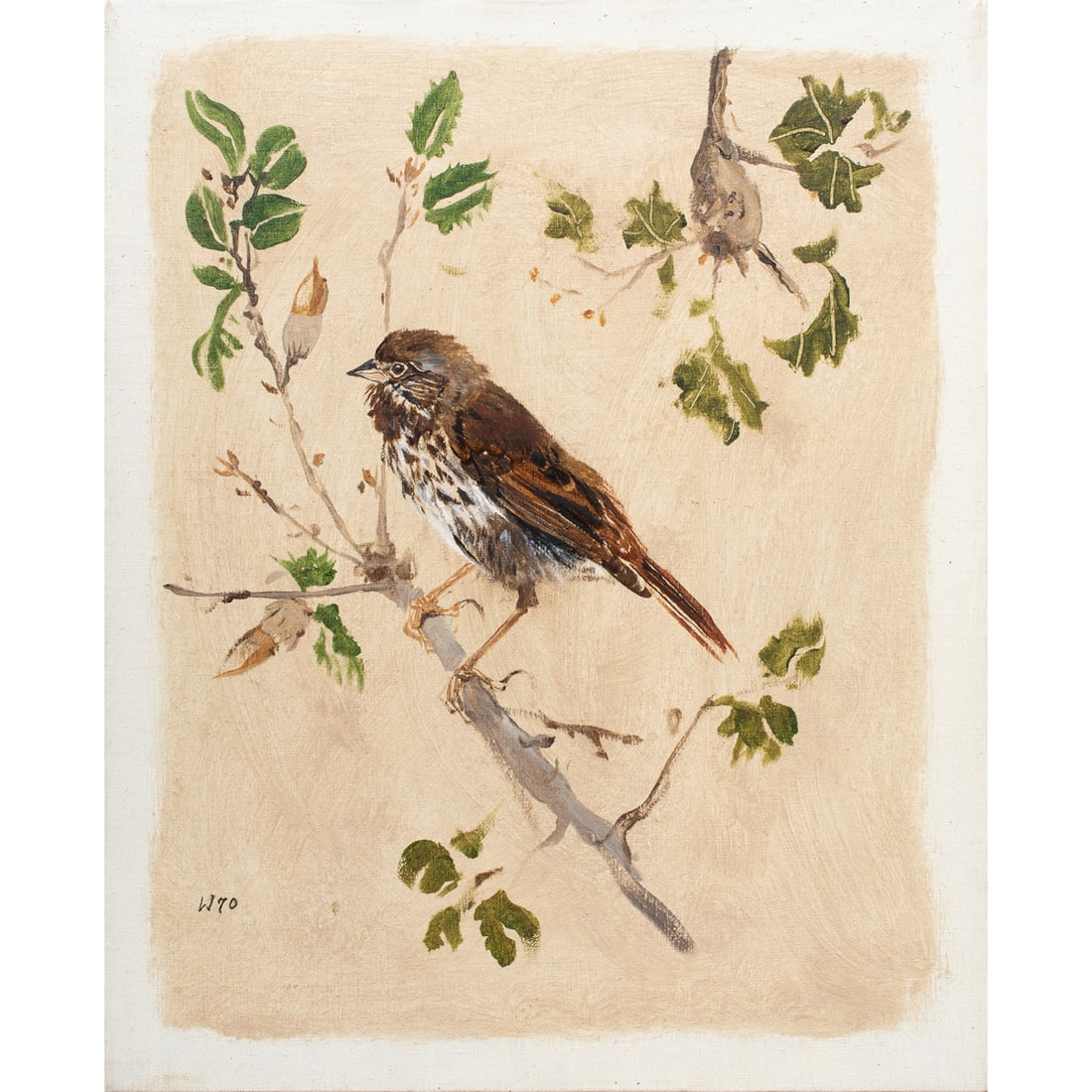 Painting, Bryan Wilson: Bryan Wilson (American, 1927-2002), "Fox Sparrow," 1970, acylic on canvas, initialed and dated lower left, signed, titled, and dated verso, canvas: 20"h x 16"w, overall (with frame): 21"h x 17"w