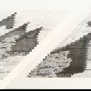 Print, Ryohei Tanaka: Ryohei Tanaka (Japanese, 1933-2019), "Mountain Hamlet #2," 1992, etching, pencil signed and dated lower right, titled lower left, edition 41/120, image: 14"h x 14.25"w, sheet (unframed): 18.25"h x 18.