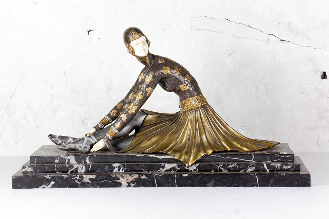 Sculpture, After Demetre Chiparus: After Demetre Chiparus (Romanian, 1886-1947), "Tamara," bronze sculpture with bone detail and marble base, overall (with base): 14"h x 26"w x 8.25"w