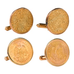 Two pairs of gold coin and 14k gold cufflinks