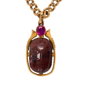 A bloodstone, pink sapphire and gold pendant-necklace