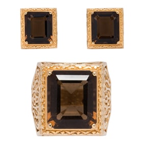A smokey quartz and 14k gold ring and pair of earrings