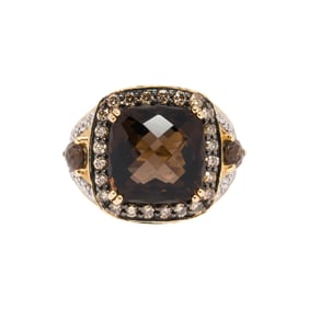 A LeVian smokey quartz, diamond and 14k gold ring