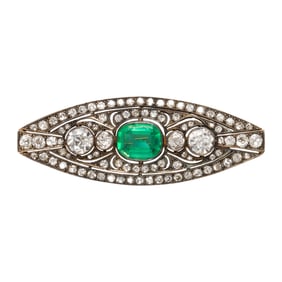 An emerald, diamond and silver-topped 14k rose gold brooch