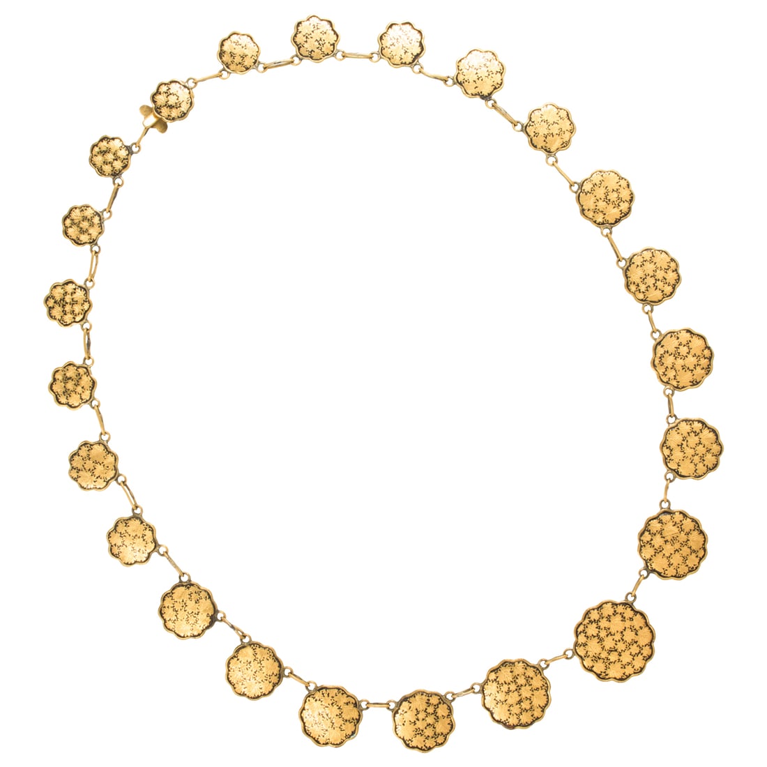 An antique shakudo necklace: An antique shakudo necklace with graduated links, the reverse engraved with floral and fauna motifs; 33.14 grams; length: 17 1/2 in