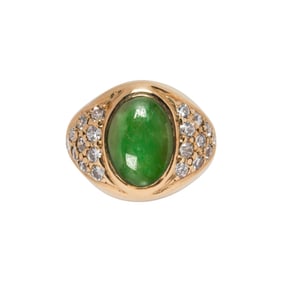 A jade, diamond and 14k gold ring
