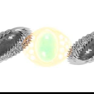 A jade, diamond and 14k gold ring: A jade, diamond and 14k gold ringcentering an oval-shaped jade cabochon measuring approximately 12.95 x 8.90 x 3.92 mm, accented with 20 round diamonds; estimated total diamond weight: 1.00 carat; 10.