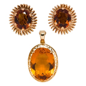 A citrine and 14k gold pendant-enhancer and pair of clip-earrings
