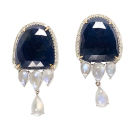 A pair of sapphire, moonstone, diamond, silver and 14k gold earrings