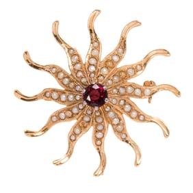 A spinel, seed pearl and 14k gold brooch-pendant