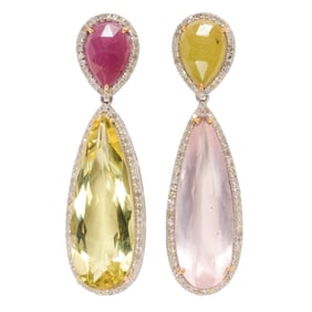 A pair of gem-set, silver and 14k gold earrings