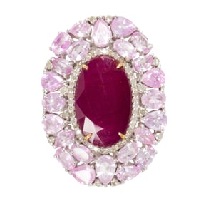 A ruby, sapphire, diamond, silver and 14k gold ring
