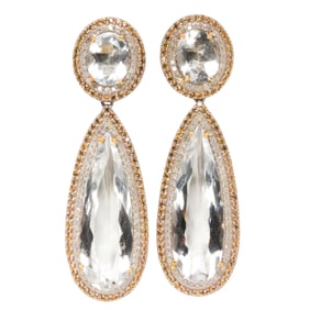 A pair of rock crystal, sapphire, diamond, silver and 14k gold earrings