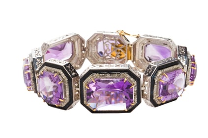 An Amethyst, black onyx, enamel, and silver bracelet