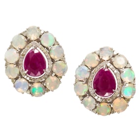 A pair of gem-set, silver and 14k gold earrings