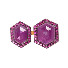 A ruby, diamond and 18k gold two stone ring