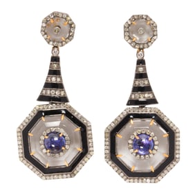 A pair of gem-set, silver and 14k gold pendant earrings