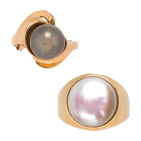 Two cultured pearl and 14k gold rings