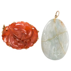 Two jade and 14k gold pendant and clasp