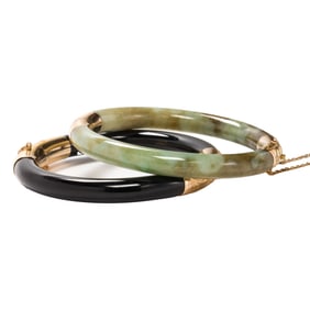 Two hardstone and 14k gold bangle bracelets