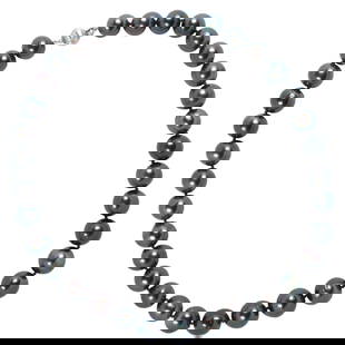 A Tahitian cultured pearl and 18k gold necklace: A Tahitian cultured pearl and 18k gold necklacedesigned as a single strand of 33 Tahitian cultured pearls measuring from 14.05 to 11.35 mm, joined by ball clasp; 95.21 grams; length: 18 in